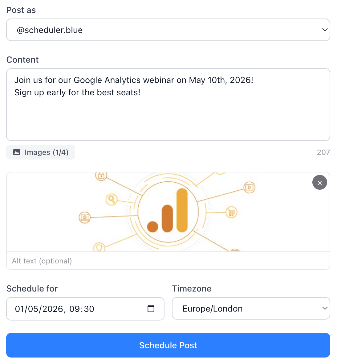 scheduler.blue composer — schedule a new Bluesky post